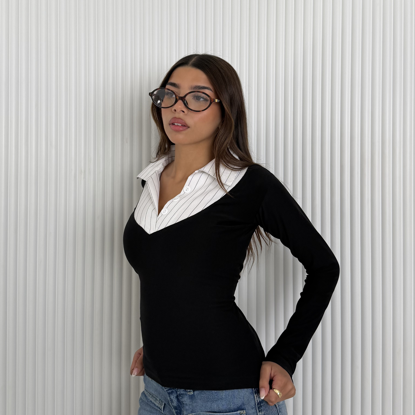 Layered Collar V-Neck Top –White Stripe