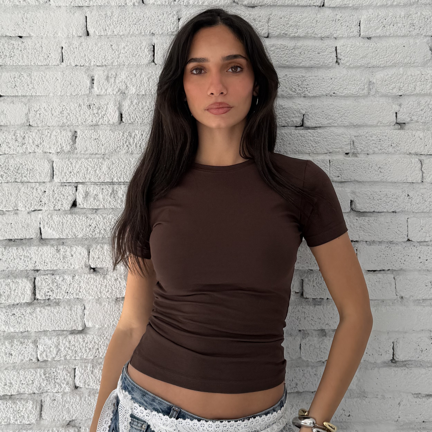 Brown Basic Short Sleeve Top