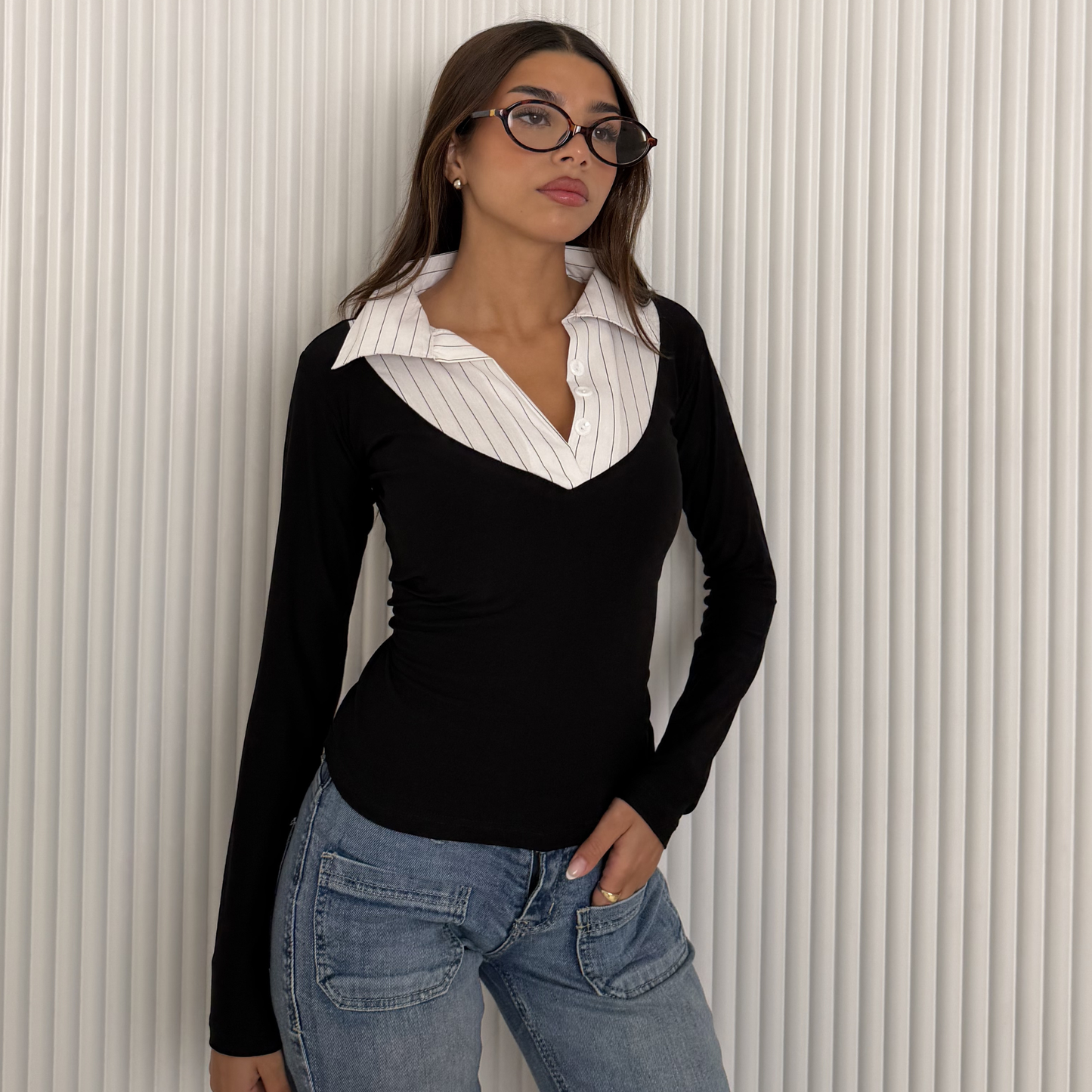 Layered Collar V-Neck Top –White Stripe