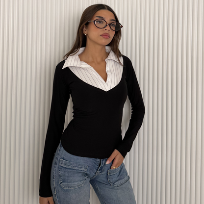 Layered Collar V-Neck Top –White Stripe