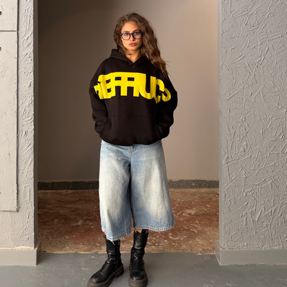 Black & Yellow Oversized Printed Hoodie