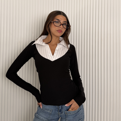 Layered Collar V-Neck Top –White Stripe