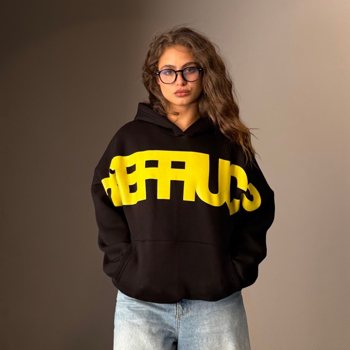 Black & Yellow Oversized Printed Hoodie