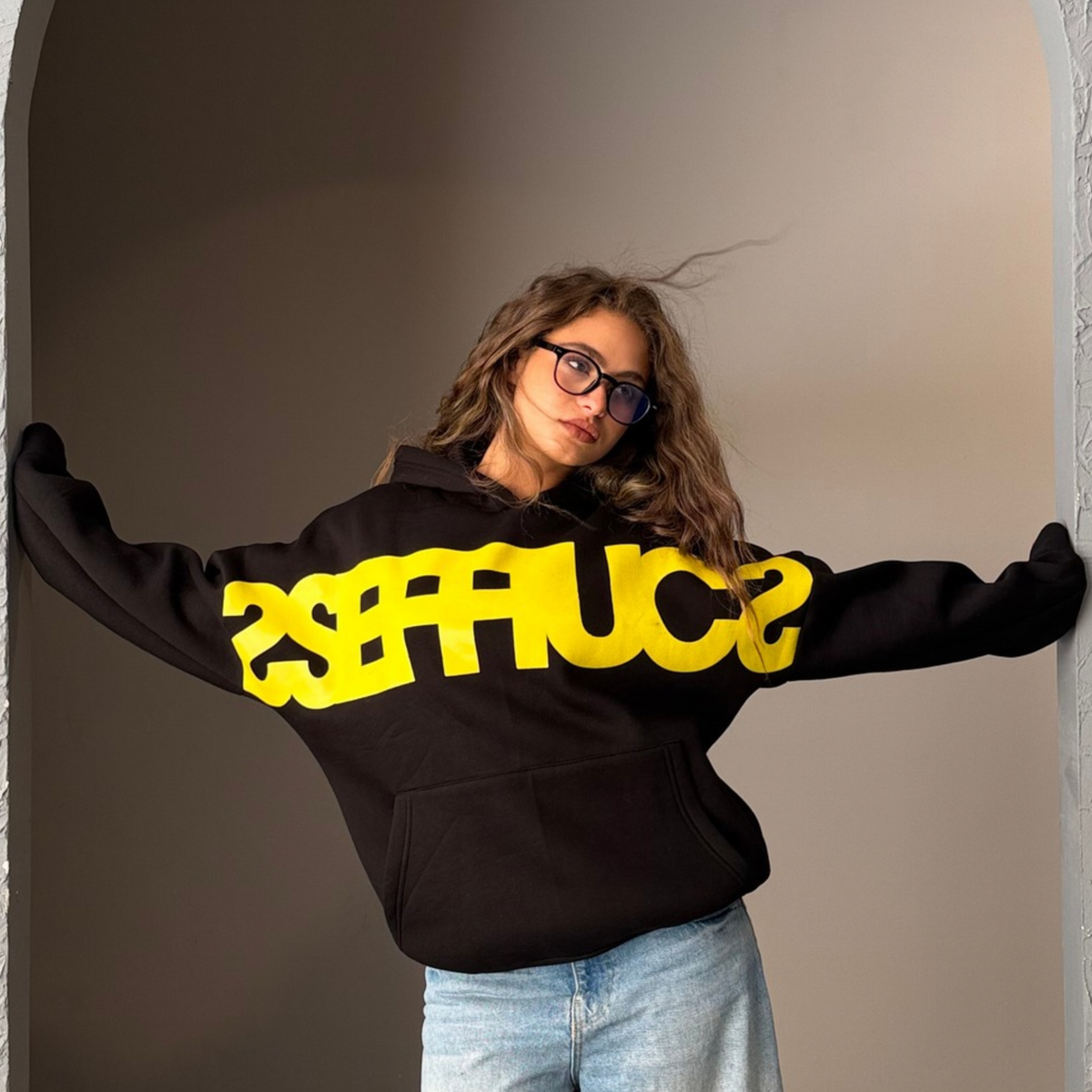 Black & Yellow Oversized Printed Hoodie