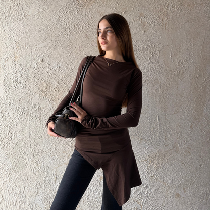 Brown Long Sleeves Draped Top