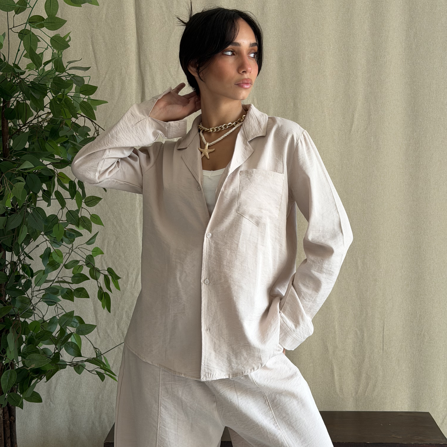 Beige Linen Relaxed-Fit Shirt