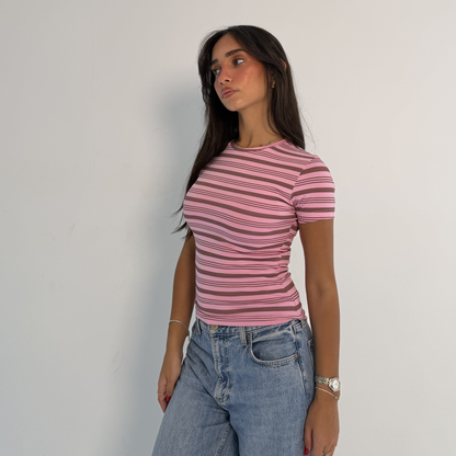 Pink Striped Short Sleeves Top
