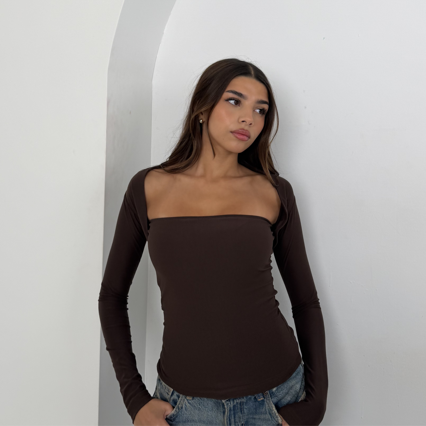 Brown Long Sleeve Bandeau Top