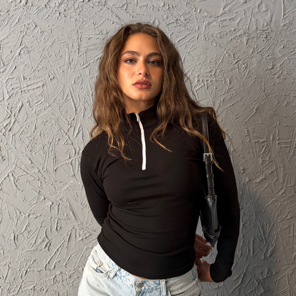 Black Zipper Basic Long Sleeve Top
