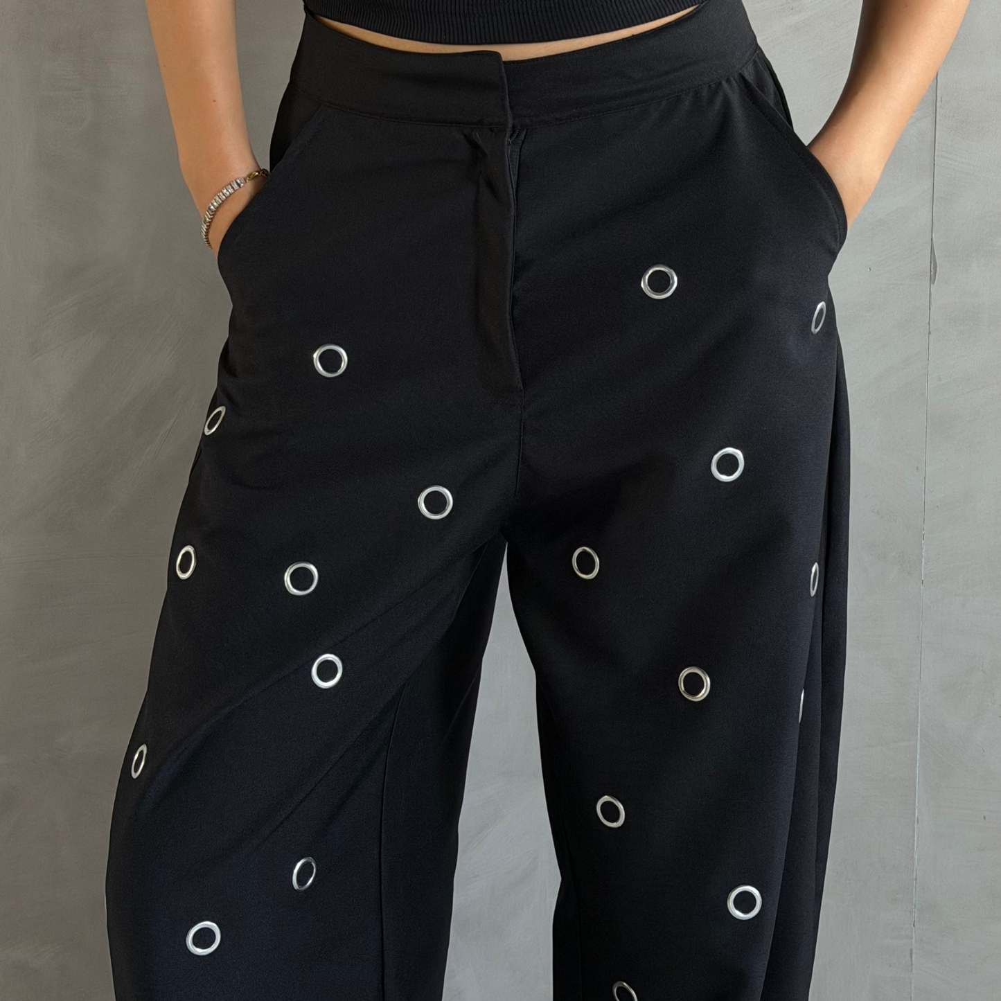 Black Statement Eyelet Wide-Leg Pants