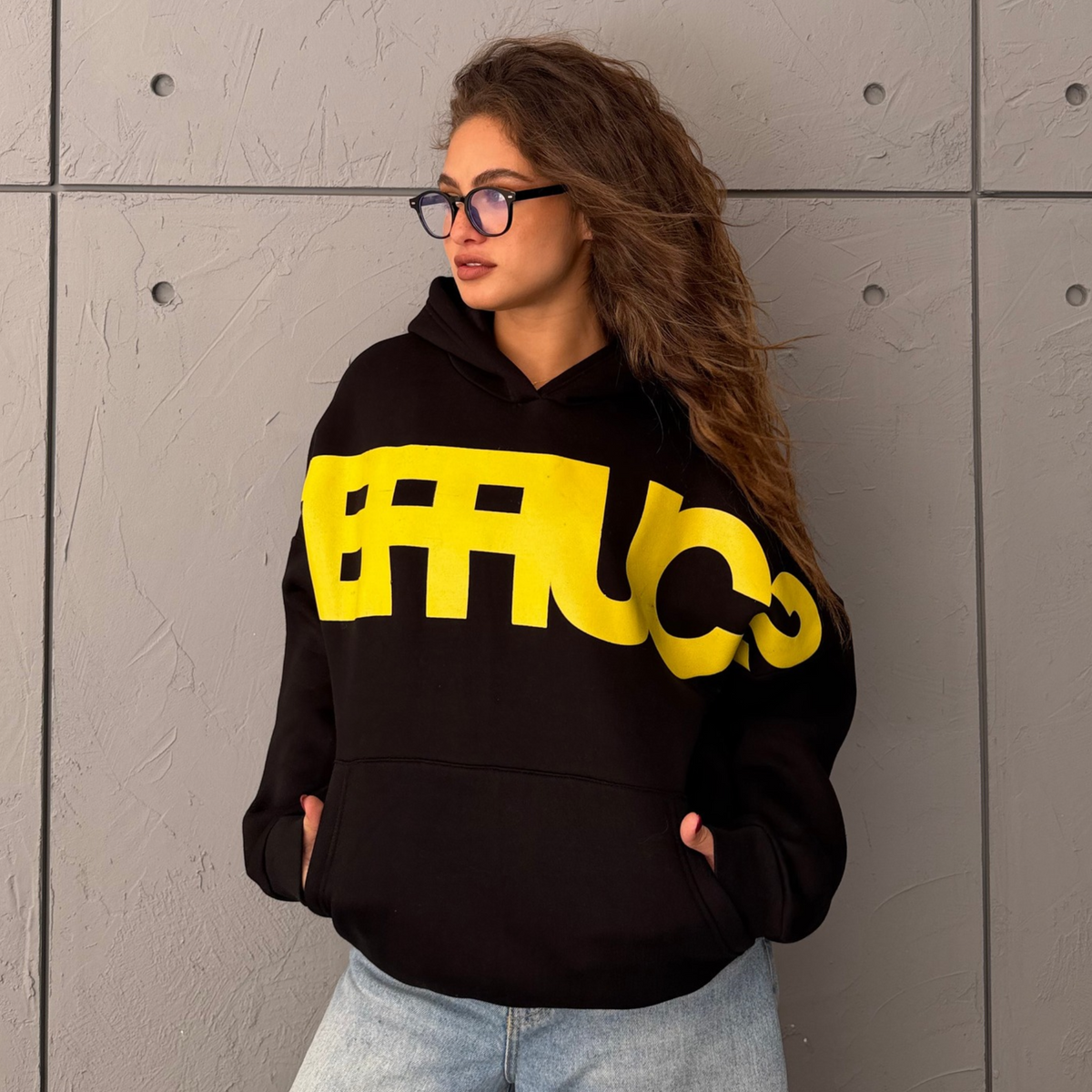 Black & Yellow Oversized Printed Hoodie