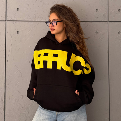Black & Yellow Oversized Printed Hoodie