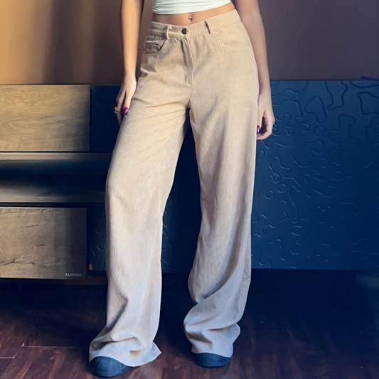 Beige Corduroy Wide-Leg Pants.