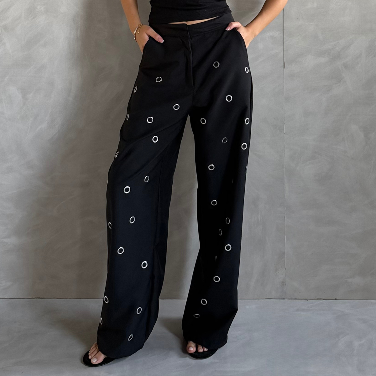 Black Statement Eyelet Wide-Leg Pants