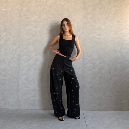 Black Statement Eyelet Wide-Leg Pants
