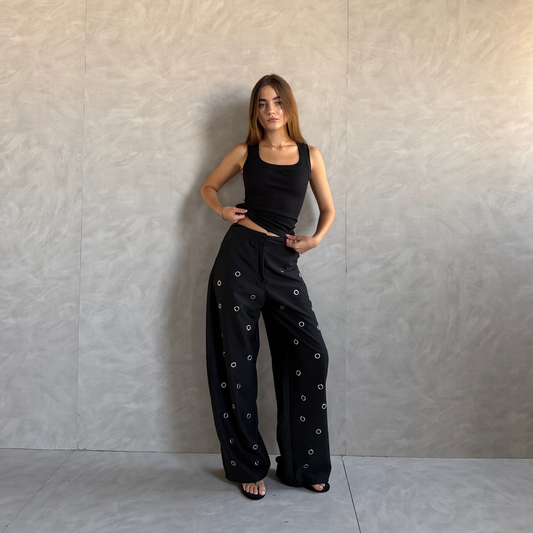 Black Statement Eyelet Wide-Leg Pants