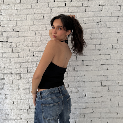 Black Halter Neck Top with Silver Buttons