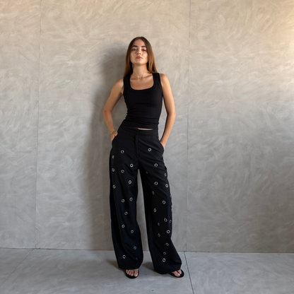 Black Statement Eyelet Wide-Leg Pants