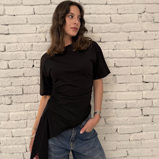Black crew-neck T-shirt with Ruched drawstring sides