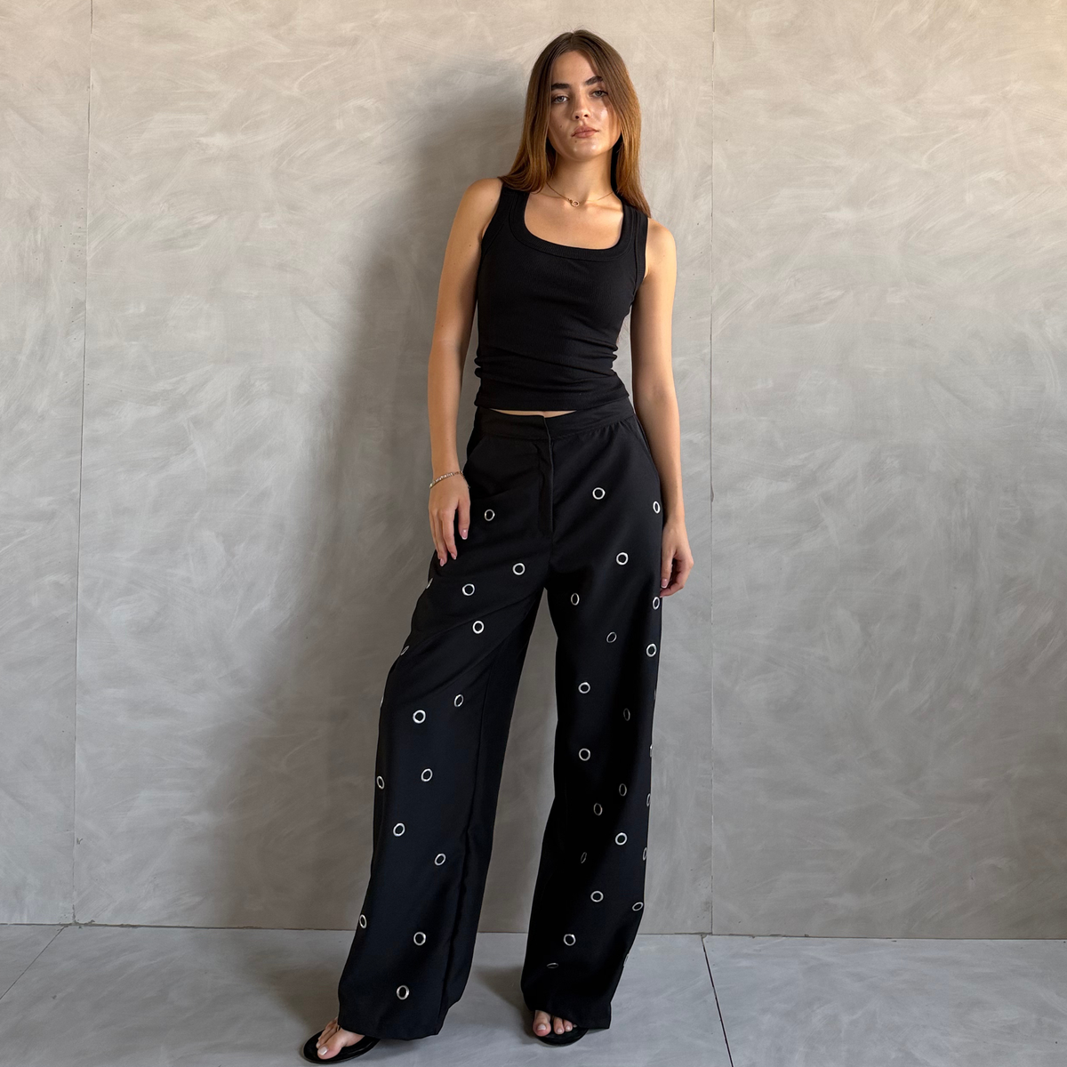 Black Statement Eyelet Wide-Leg Pants