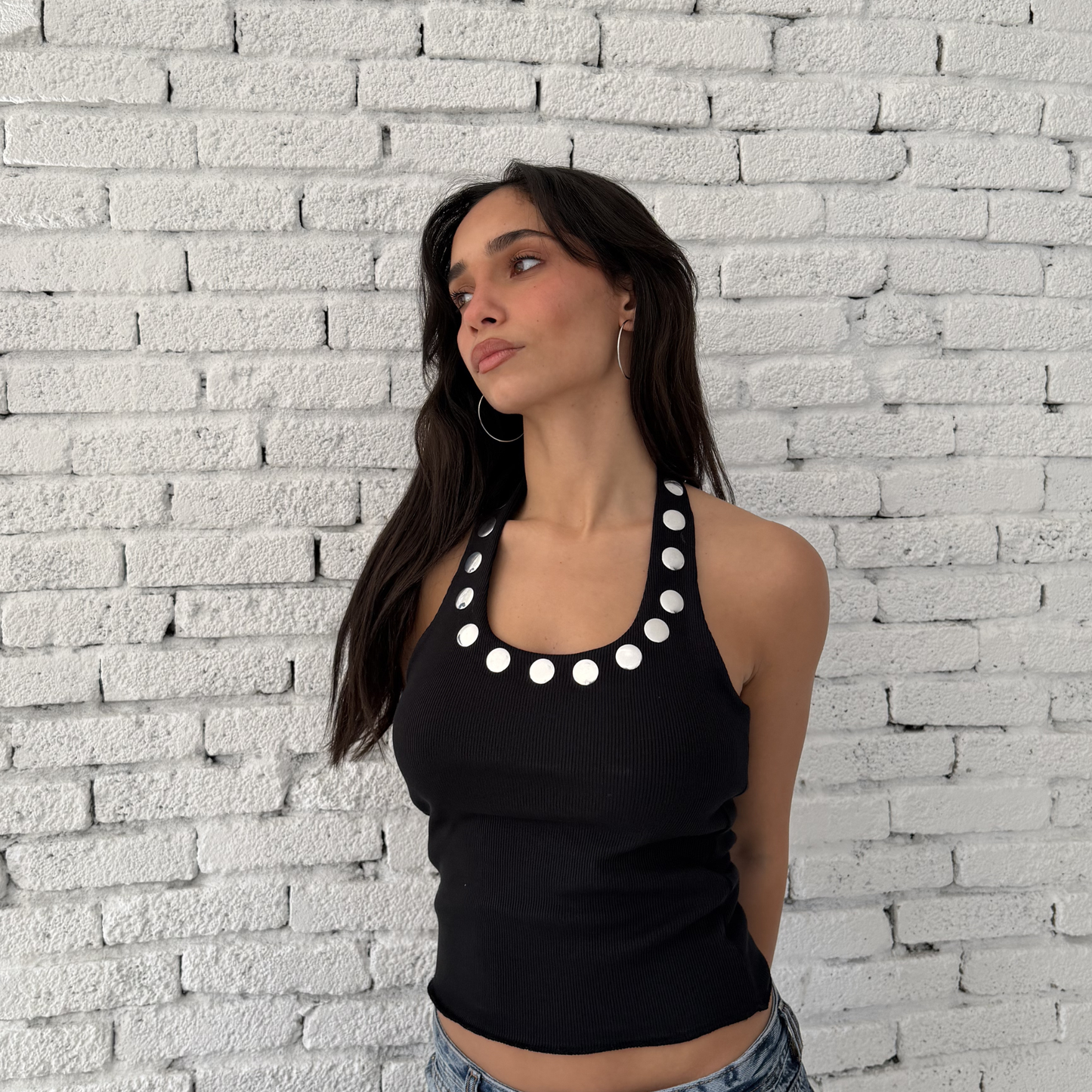 Black Halter Neck Top with Silver Buttons