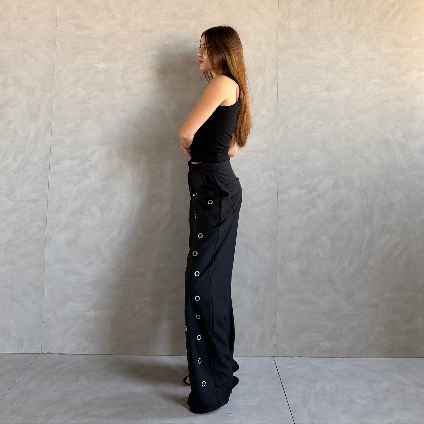 Black Statement Eyelet Wide-Leg Pants
