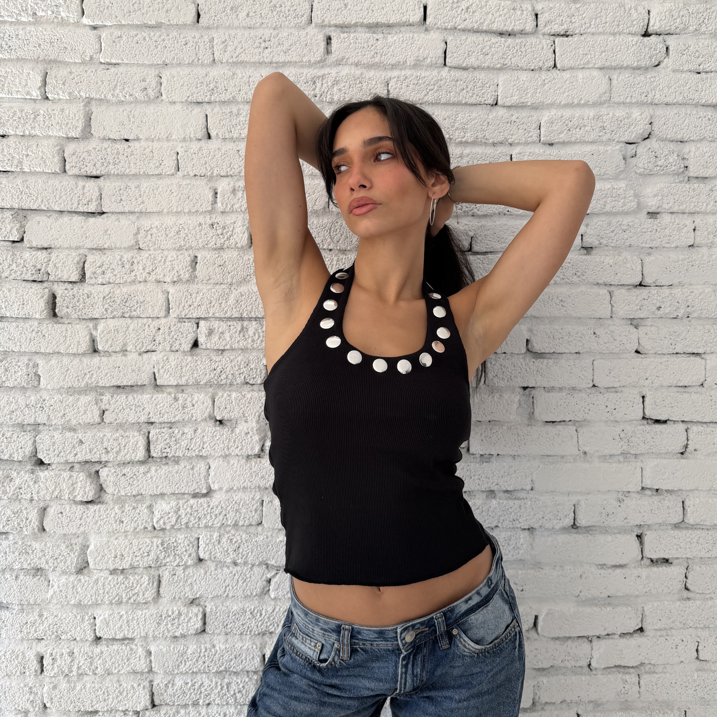 Black Halter Neck Top with Silver Buttons