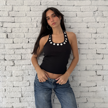 Black Halter Neck Top with Silver Buttons