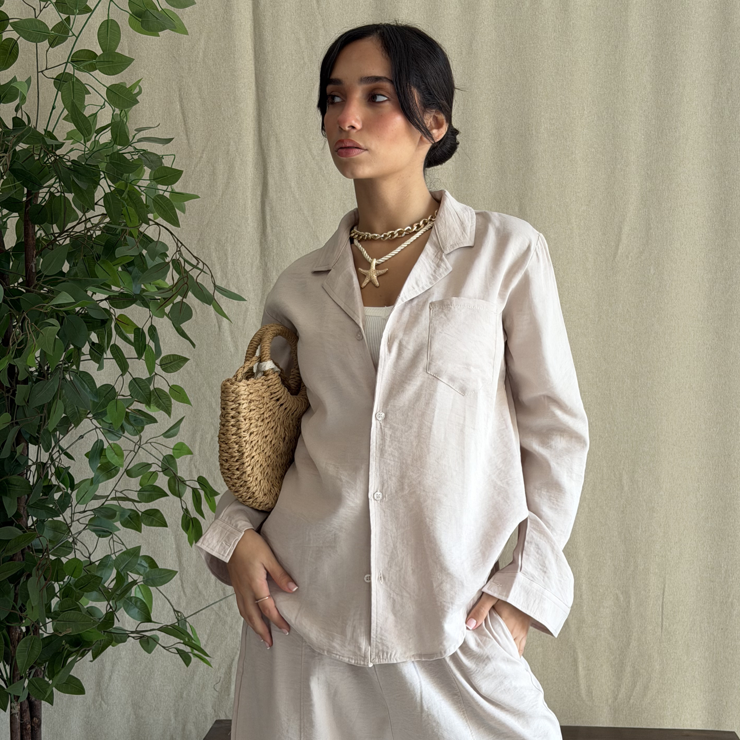 Beige Linen Relaxed-Fit Shirt