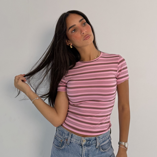 Pink Striped Short Sleeves Top
