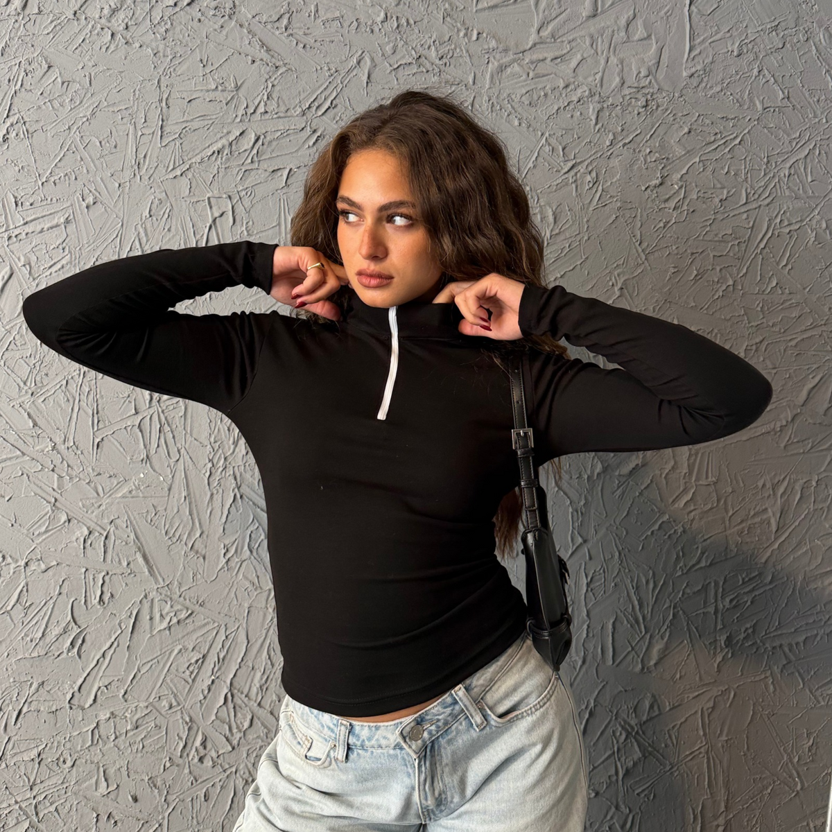 Black Zipper Basic Long Sleeve Top