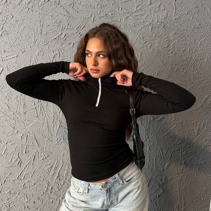 Black Zipper Basic Long Sleeve Top