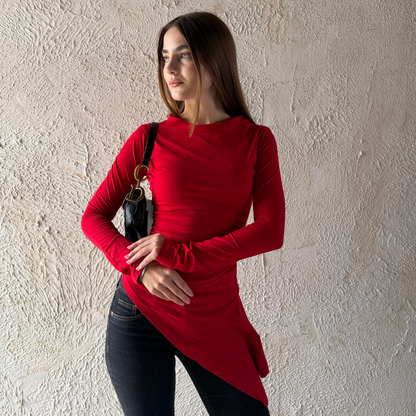 Red Long Sleeves Draped Top
