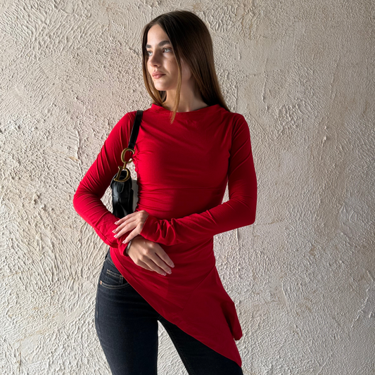 Red Long Sleeves Draped Top