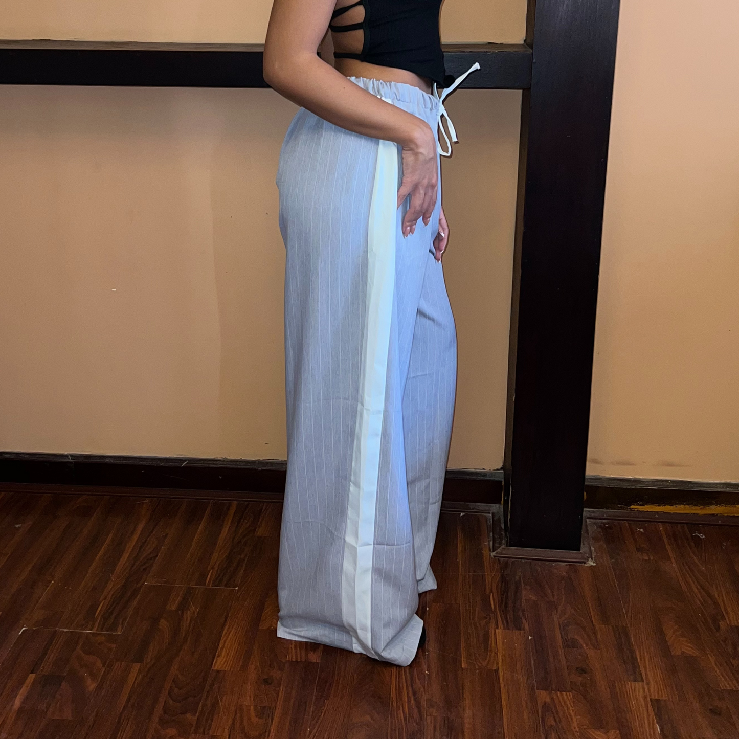 Grey Striped Wide-Leg Drawstring Pants