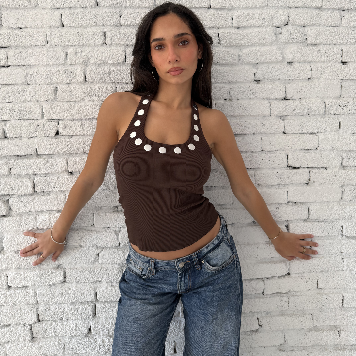 Brown Halter Neck Top with Silver Buttons