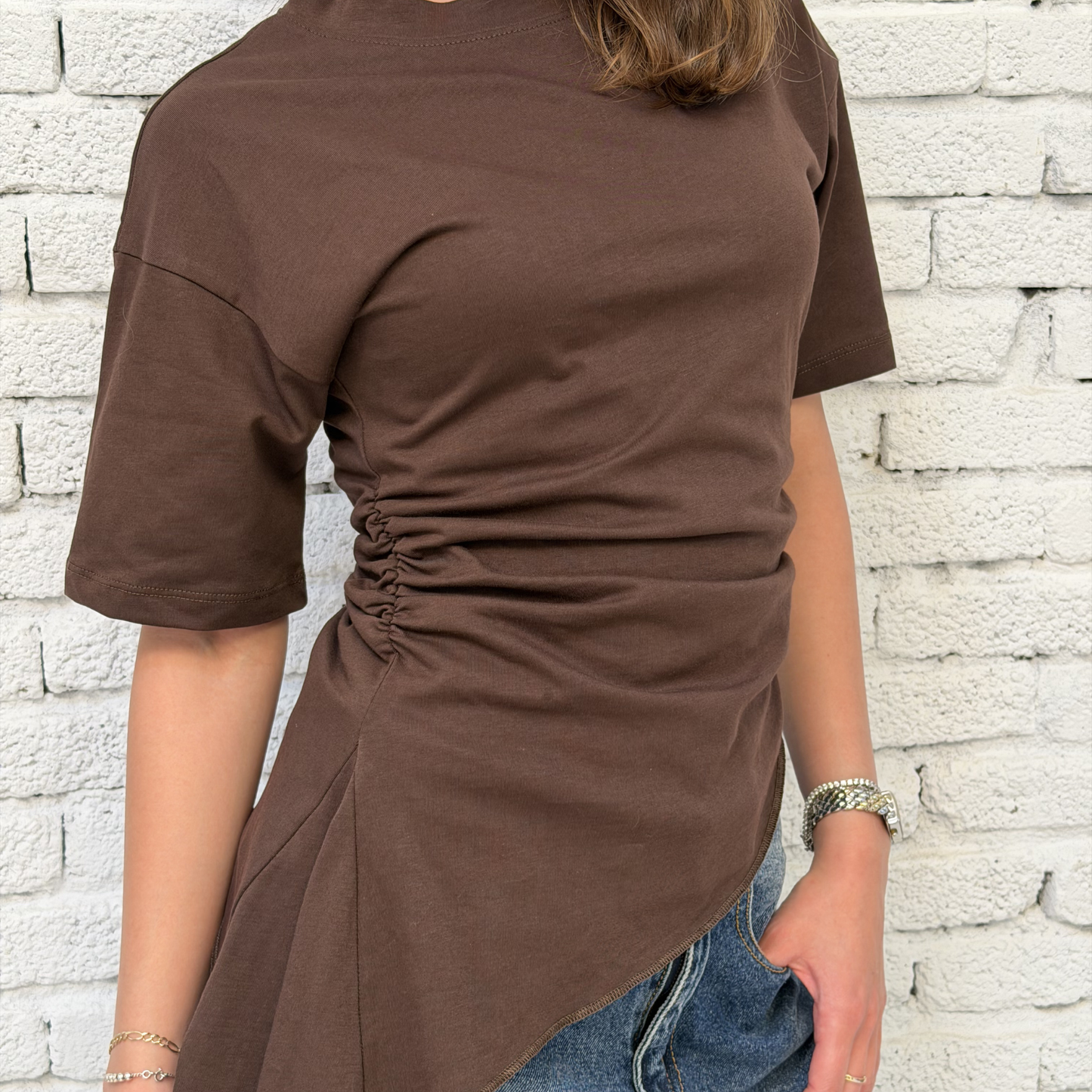 Brown Crew-Neck T-Shirt with Ruched Drawstring Sides