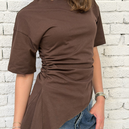 Brown Crew-Neck T-Shirt with Ruched Drawstring Sides