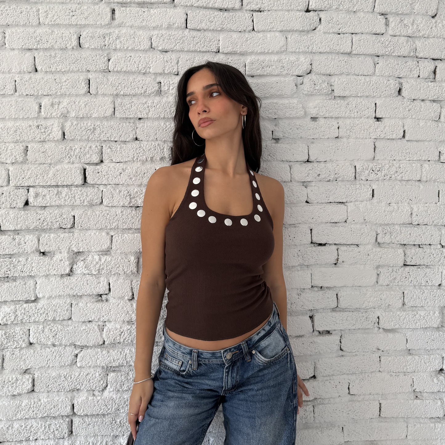 Brown Halter Neck Top with Silver Buttons
