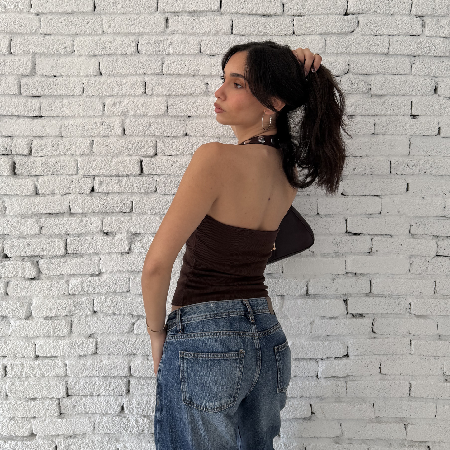 Brown Halter Neck Top with Silver Buttons