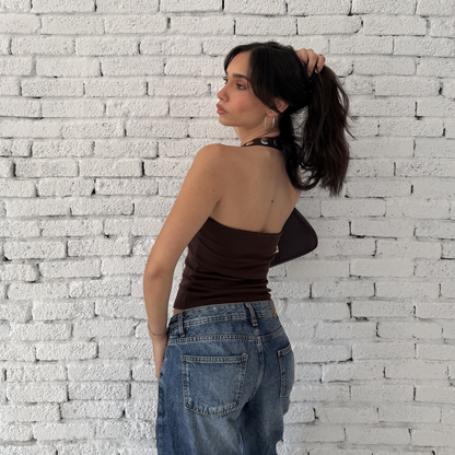 Brown Halter Neck Top with Silver Buttons
