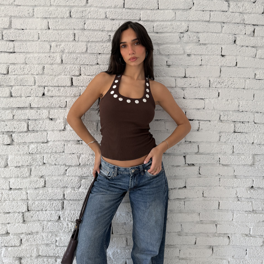 Brown Halter Neck Top with Silver Buttons