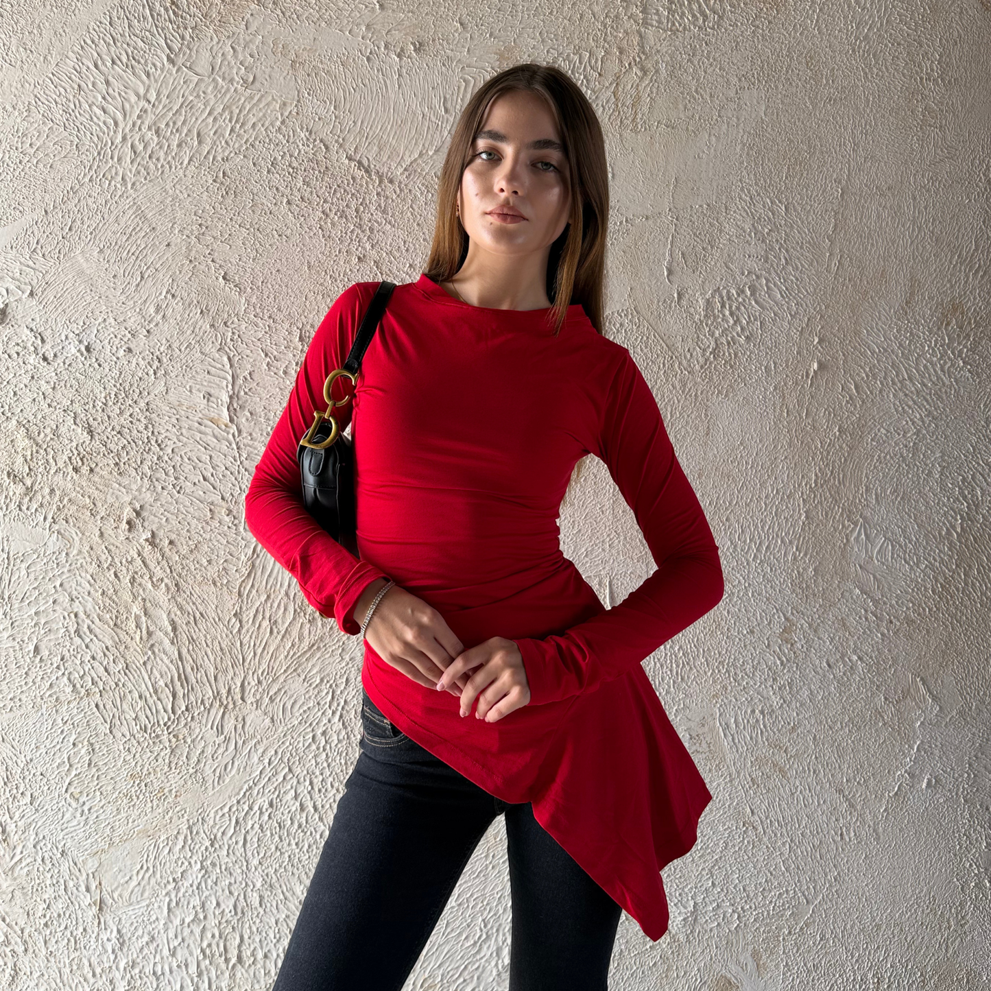 Red Long Sleeves Draped Top