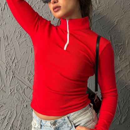 Red Zipper Basic Long Sleeves Top