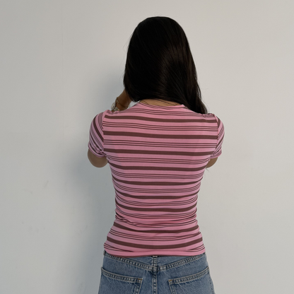 Pink Striped Short Sleeves Top
