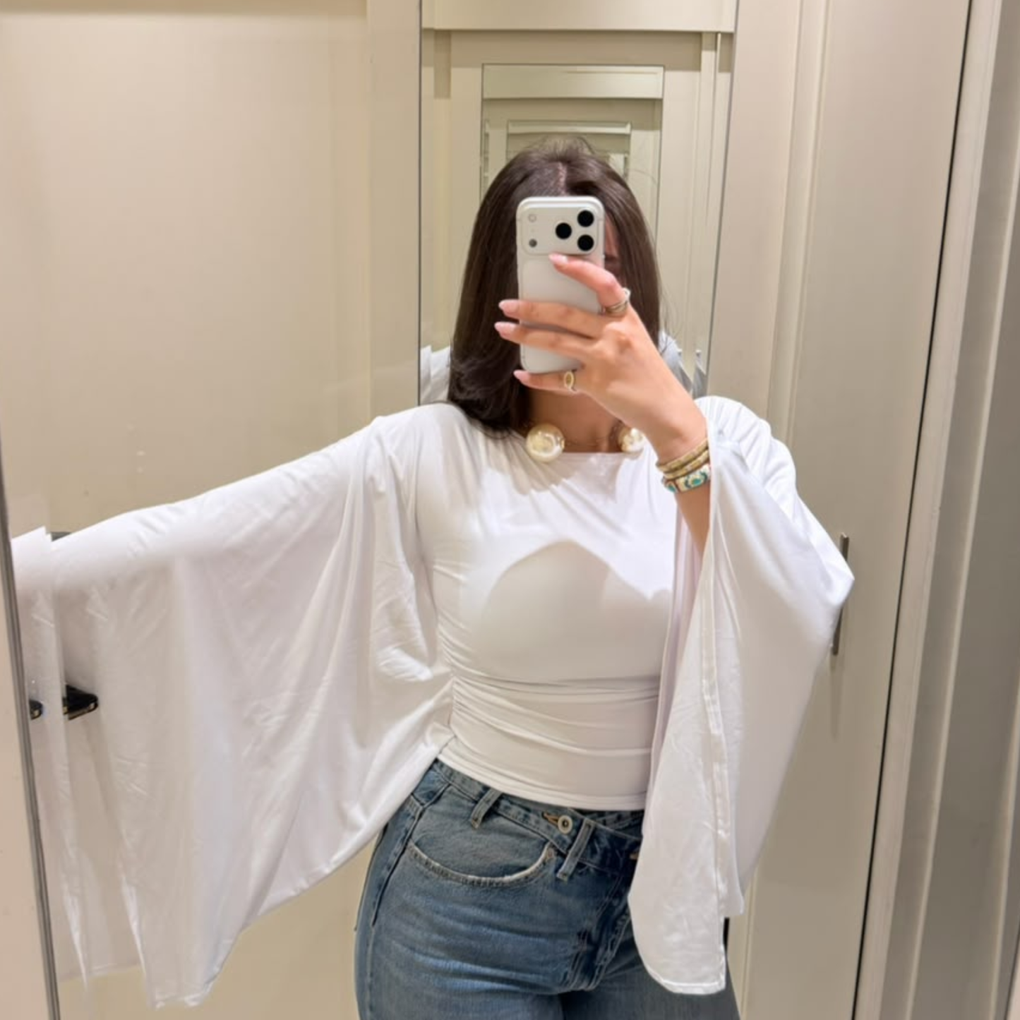 White Draped Kimono Sleeve Top