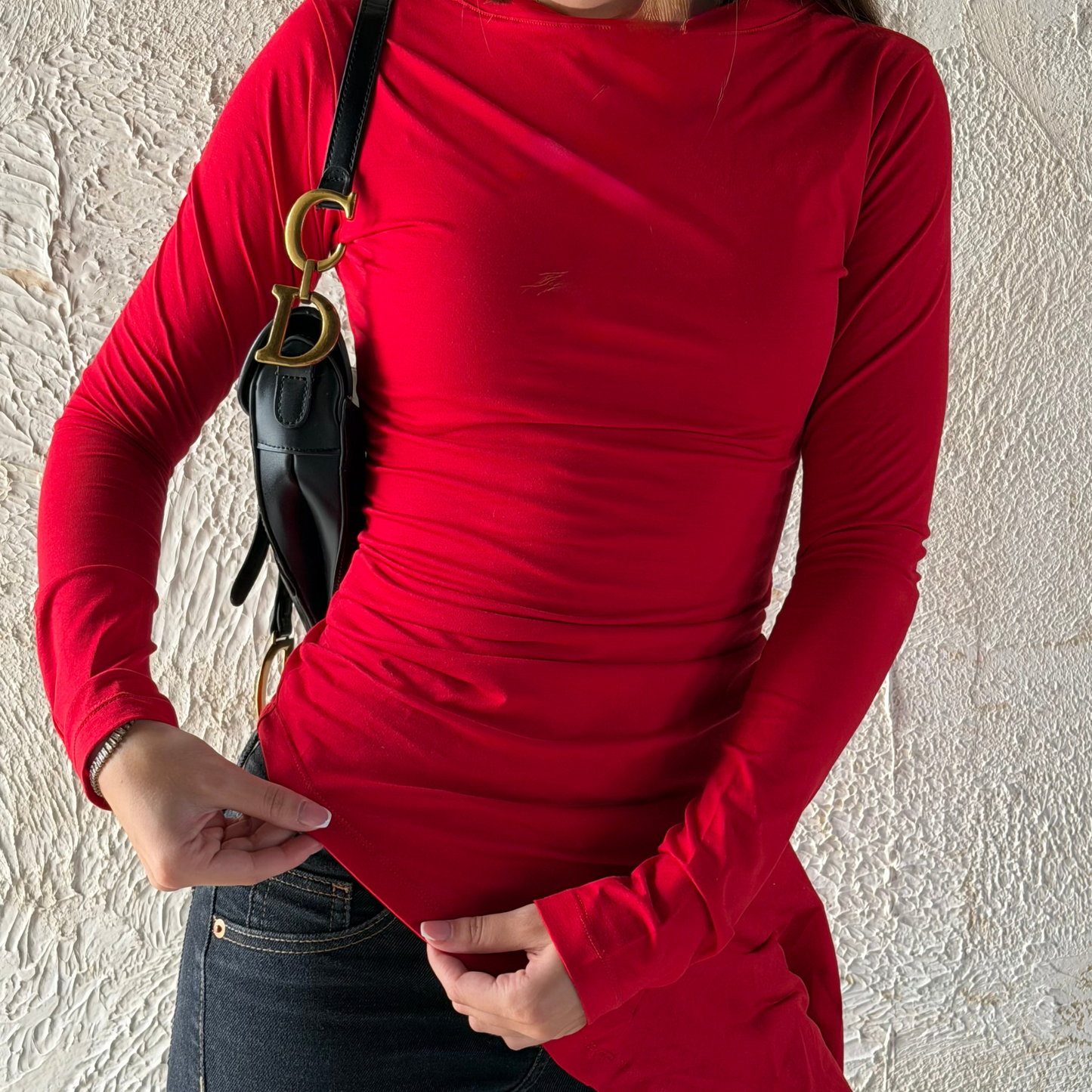 Red Long Sleeves Draped Top
