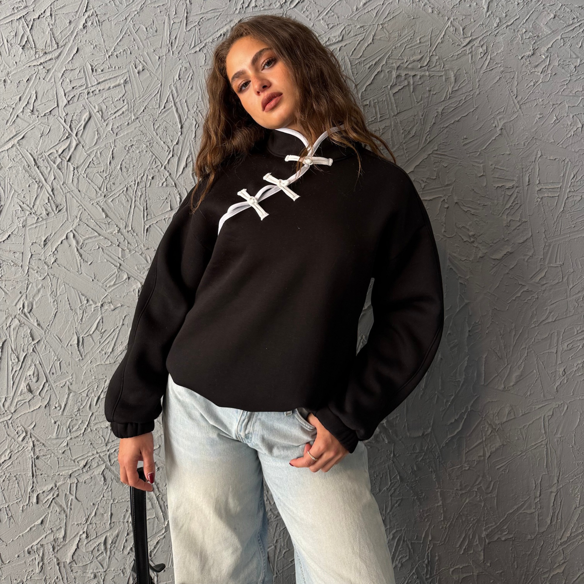 Black Sweatshirt with Chinese Clasps