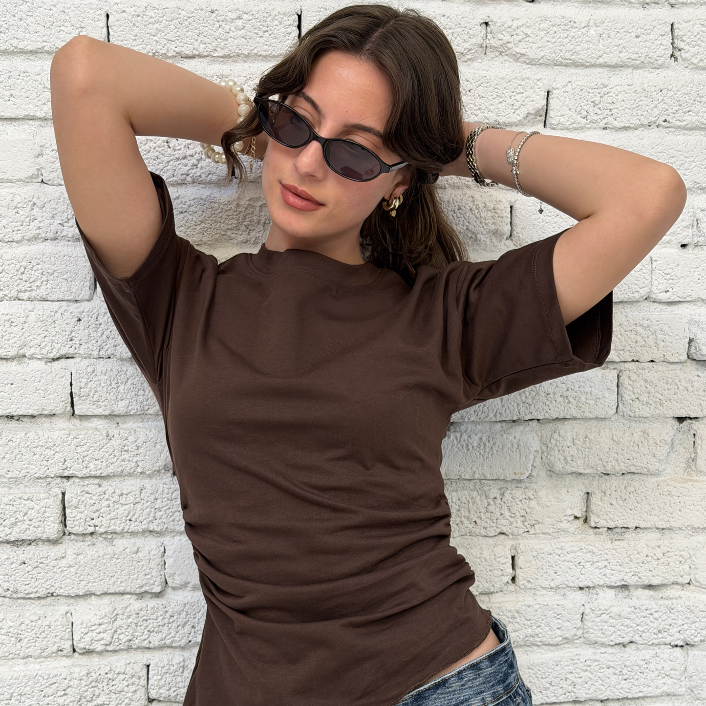 Brown Crew-Neck T-Shirt with Ruched Drawstring Sides