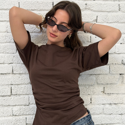 Brown Crew-Neck T-Shirt with Ruched Drawstring Sides